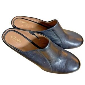 Clarks ARTISAN‎ WOMENS 9.5 M PRE-OWNED SLIP ON BLACK LEATHER Wedges/MULES/CLOGS